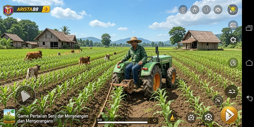 Tampilan gameplay ARISTA88 dengan lahan pertanian yang subur dan hewan ternak yang lucu.