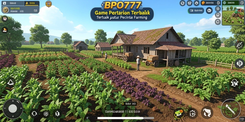 Tampilan gameplay BPO777 dengan kebun yang indah dan subur.
