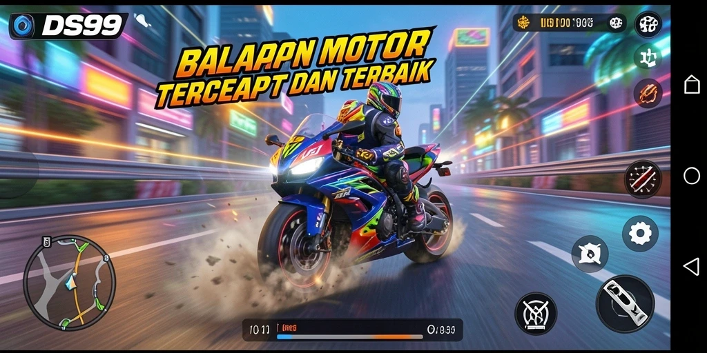 Screenshot DS99 menampilkan aksi balapan motor yang menegangkan.